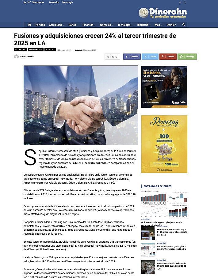 Fusiones y adquisiciones crecen 24% al tercer trimestre de 2025 en LA